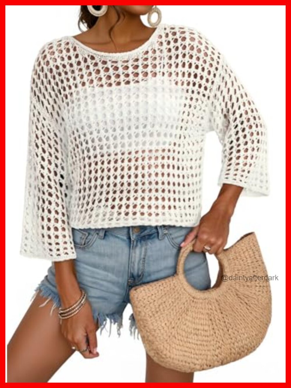Women 3/4 Sleeve Crochet Sweater Hollow Out Color Block Striped Casual Beach